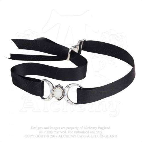 Alchemy Gothic P810 Triple Goddess -- Mother of Pearl full moon six blue Swarovski black satin choke