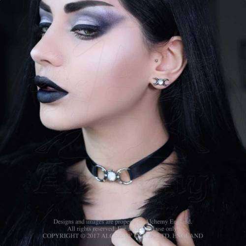 Alchemy Gothic P810 Triple Goddess -- Mother of Pearl full moon six blue Swarovski black satin choke