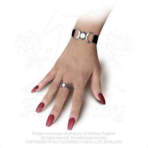 Alchemy Gothic P810 Triple Goddess -- Mother of Pearl full moon six blue Swarovski black satin choke