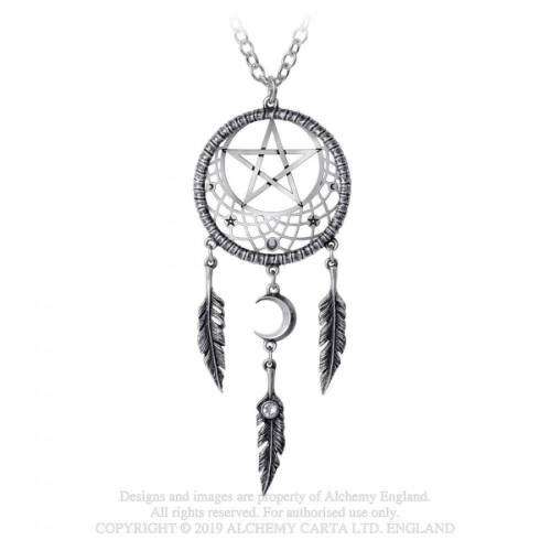 Alchemy Gothic P873 Pagan Dream Catcher pendant necklace -- Stainless Steel, Eng. Pewter, Swarovski