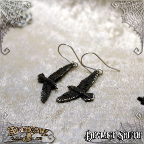 Alchemy Gothic E333 Black Raven Dropper Earrings (pair) -- Fine English Pewter