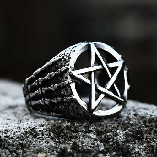 Stainless Steel Pentacle Skeleton Hands Ring - Silver - Size US 11 | UK W