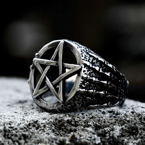 Stainless Steel Pentacle Skeleton Hands Ring - Silver - Size US 11 | UK W