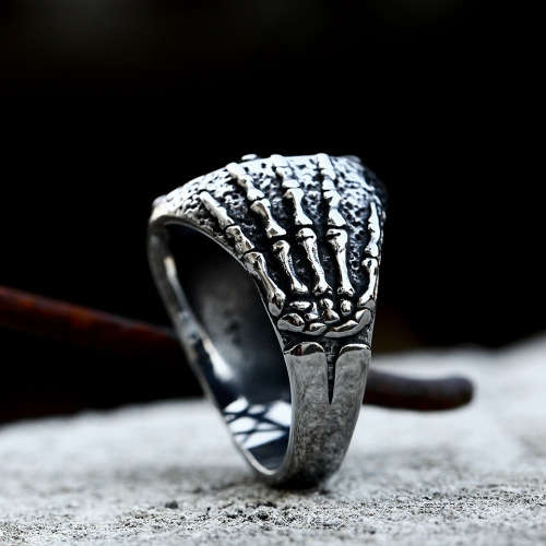Stainless Steel Pentacle Skeleton Hands Ring - Silver - Size US 11 | UK W