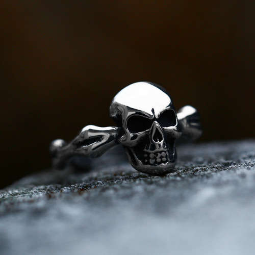 Stainless Steel Skull `n Bones Ring - Silver - Size US 8 | UK Q