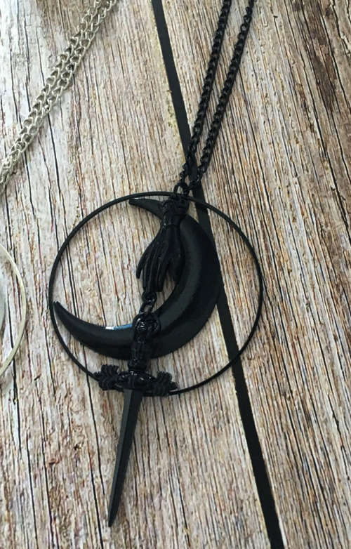 Black Circle Crescent Moon Hand Dagger Pendant Necklace