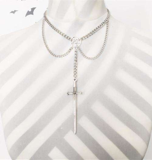 Silver Long Medieval Sword Inverted Pentacle Pendant Necklace