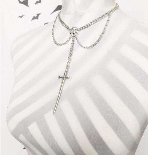 Silver Long Medieval Sword Inverted Pentacle Pendant Necklace