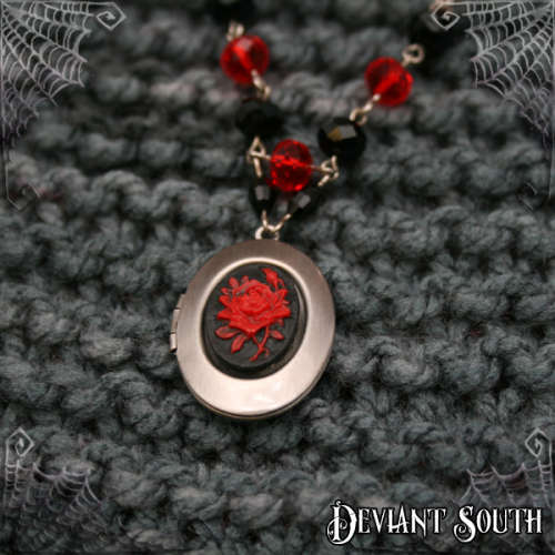 Deviant South Red Rose Cameo Locket, Black Red Beads