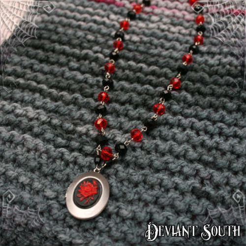 Deviant South Red Rose Cameo Locket, Black Red Beads