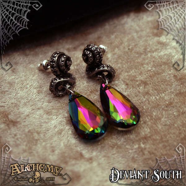 Alchemy Gothic E409 Kraken Studs (pair) -- Swarovski Elements, Fine English Pewter
