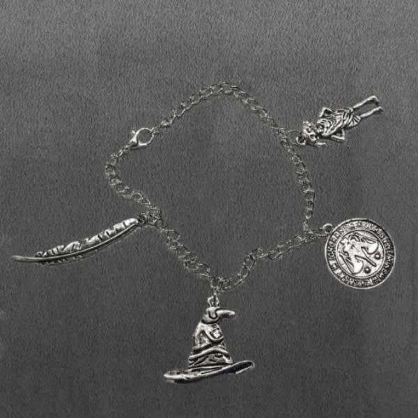 Harry Potter Plated Alloy Charm Bracelet -- sorting hat dobby feather coin