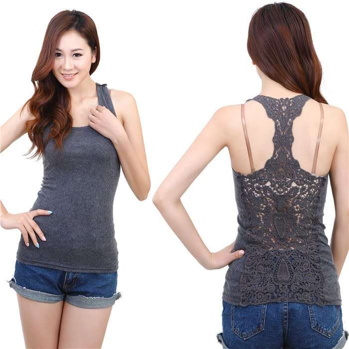 Lace Back Tank Top - Grey - One Size
