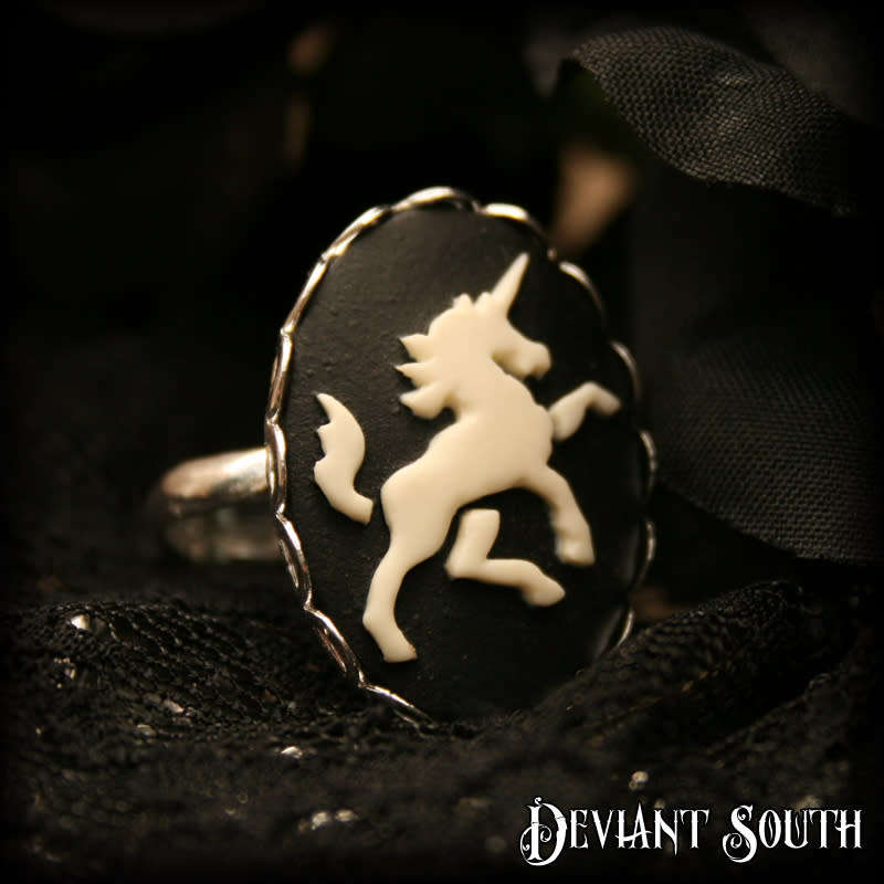 Deviant South Unicorn Cameo Silver Adjustable Ring