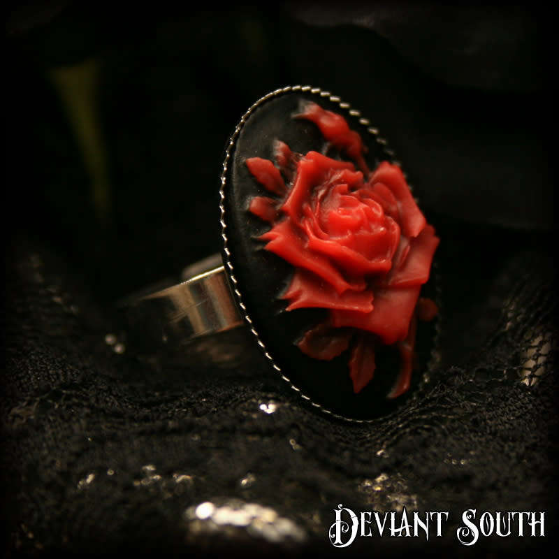 Deviant South `A Thorn`s Kiss` Red Rose Cameo Silver Adjustable Ring