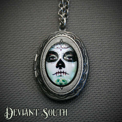 HAND CRAFTED - Deviant South Sugar Skull Lady Cabochon 13x18mm Locket
