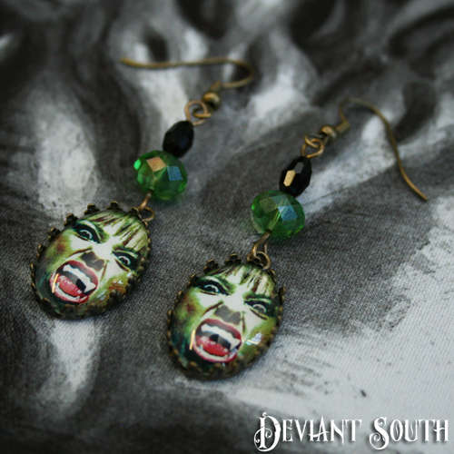 Werewolf Vampire Fang Hiss Female Bronze Earrings with Black and Green Beads
