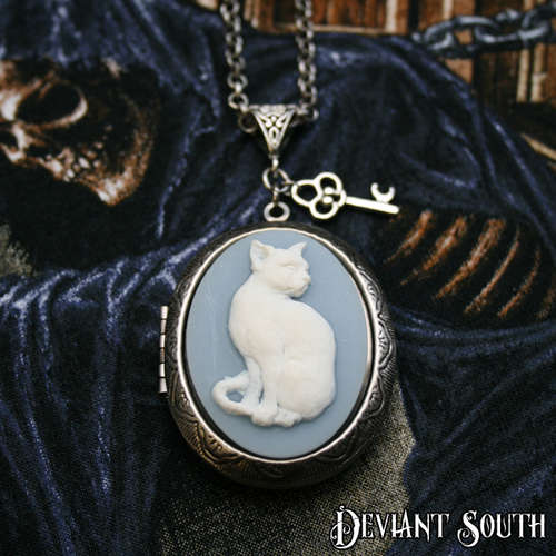 New! White on Blue Cat Cameo Locket
