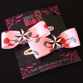 Hair Clips - Red Cherries / Pink Ribbons with Nordic Star Detail