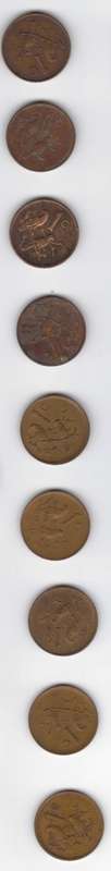 9 x 1 Cent (1966E, 1967E, 1974, 1984, 1985, 1986, 3 x 1987, )