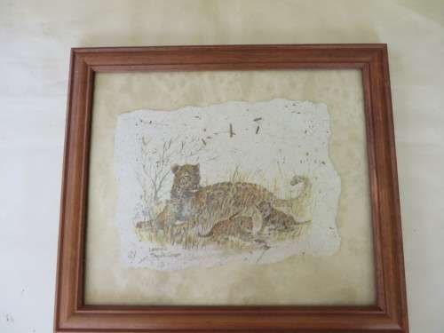LIMITED EDITION PRINT BY SHEILA COOPER - 212/1000 - LEOPARDS  ON PAPER MADE OUT OF ANIMAL DUNG