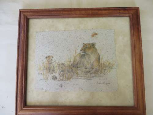 LIMITED EDITION PRINT BY SHEILA COOPER - 264/1000 - LIONS  ON PAPER MADE OUT OF ANIMAL DUNG