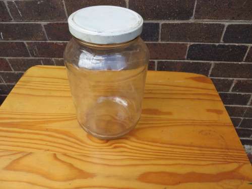 LARGE GLASS STORAGE JAR - 145 MM DIAM. - 235 MM HIGH - AS PER SCAN