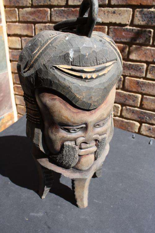 CARVED AFRICAN WOODEN MASK - STANDING OR HANGING - 365 MM HIGH