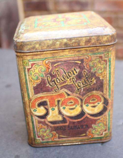 TIN TEA BOX - 100 X 100 MM - 120 MM HIGH - GOLDEN LEAF TEA - PLEASE HAVE A LOOK