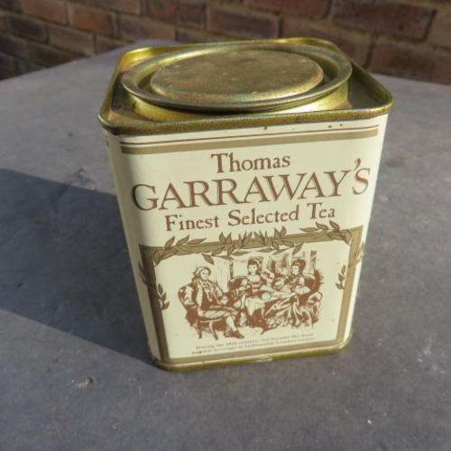 VINTAGE TIN TEA BOX BOX - 75 X 75 MM - 90 MM HIGH - THOMAS GARRAWAY - PLEASE HAVE A LOOK
