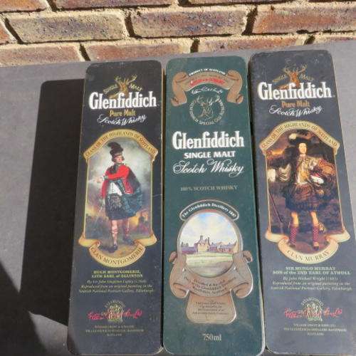 CRAZY ONE HUNDRED RAND START !!! - THREE COLLECTABLE GLENFIDDICH TINS - PLEASE HAVE A LOOK