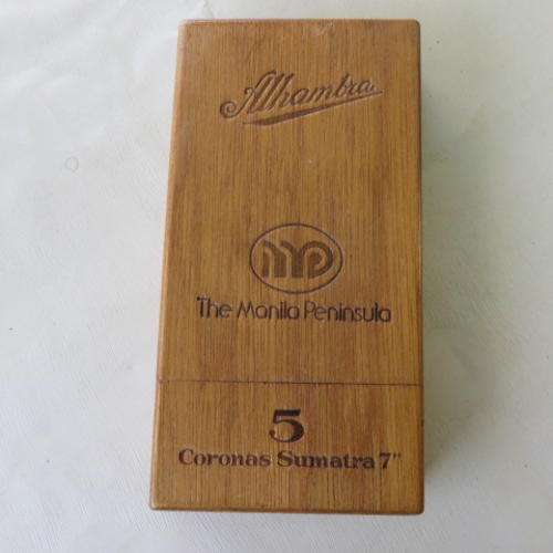 WOODEN CIGAR BOX - 100 X 190 X 30 MM - ALHAMBRA - THE MANILA PENISULA - CORONAS SUMATRA 7"