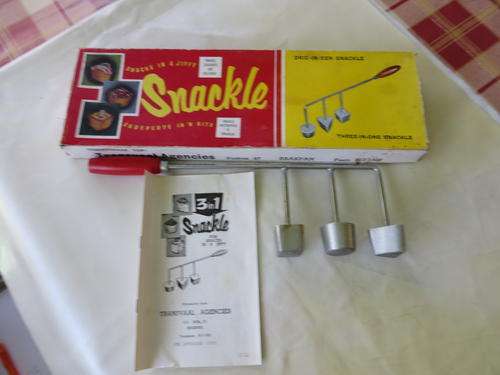 OLD DOUGH SNACKLE IRON - THREE - IN -  ONE SNACKLE - 340 MM LONG IN ORIGINAL BOX AND INSTRUCTION