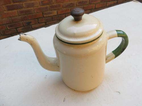 OLD ENAMEL TEA OR COFFEE KETTLE - 115 MM DIAM - 150 MM HIGH - H & H