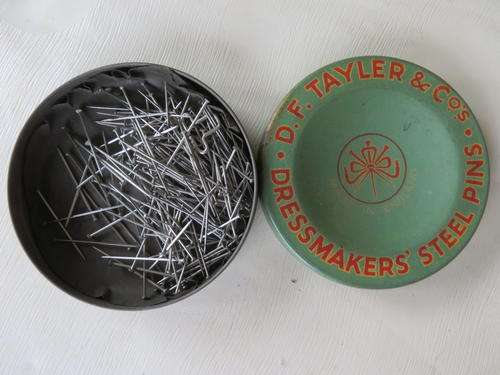 OLD TIN BOX - D.F. TAYLER - DRESSMAKERS STEEL PINS - AS PER SCAN