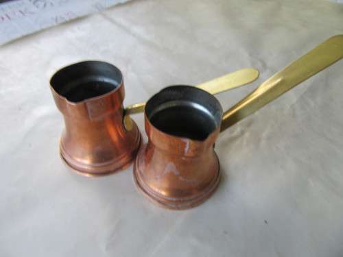 TWO TURKISH STYLE COFFEE POTS - 70 MM DIAM. - 70 MM HIGH - AS PER SCAN