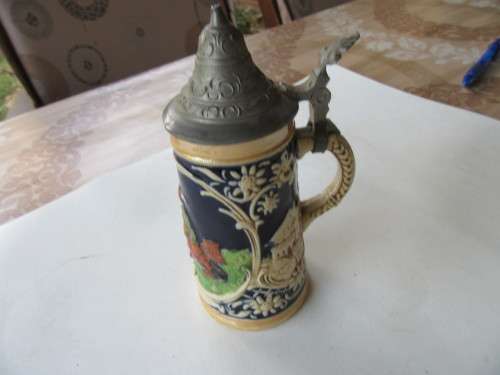 SMALL GERMAN BEER STEIN WITH PEWTER LID - 60 MM DIAM. - 105 MM HIGH -  AS PER SCAN