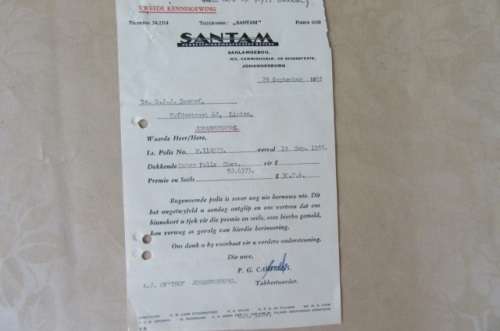 SANTAM - MOTOR POLICY REMINDER - 29 SEPTEMBER 1955 - AS PER SCAN