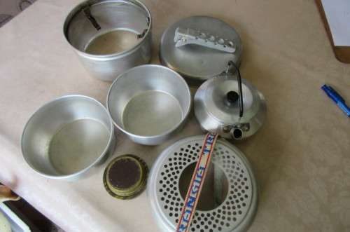 OLD ALUMINIUM TRANGIA CAMPING STOVE AND OTHER ITEMS - COMPLETE SET - AS PER SCAN