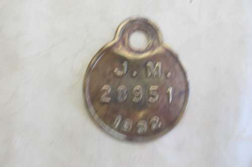 VINTAGE BICYCLE LICENSE PLATE - J.M. 28951 - 1933