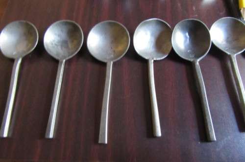 6 pewter spoons - 160 mm with different markings- as per scan - MARKINGS SHOWN