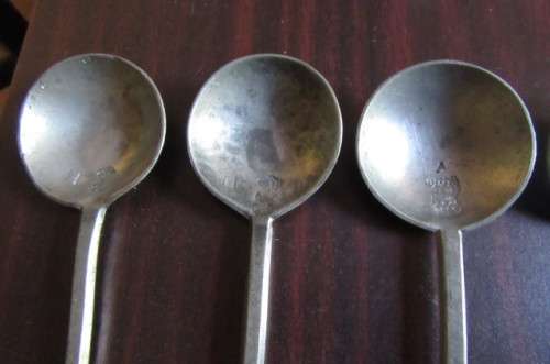 6 pewter spoons - 160 mm with different markings- as per scan - MARKINGS SHOWN