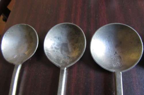 6 pewter spoons - 160 mm with different markings- as per scan - MARKINGS SHOWN