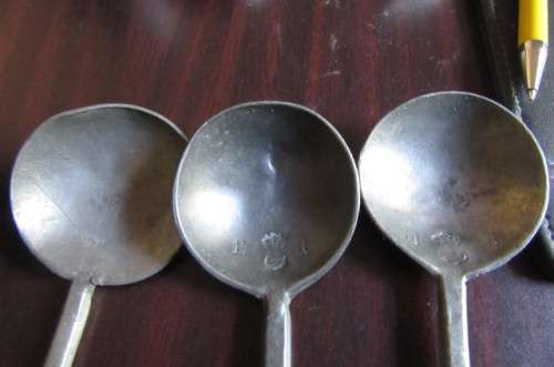 6 pewter spoons - 160 mm with different markings- as per scan - MARKINGS SHOWN