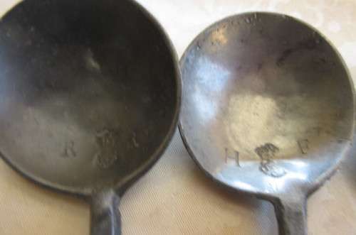 6 pewter spoons - 160 mm with different markings- as per scan - MARKINGS SHOWN