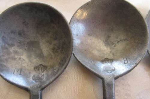 6 pewter spoons - 160 mm with different markings- as per scan - MARKINGS SHOWN