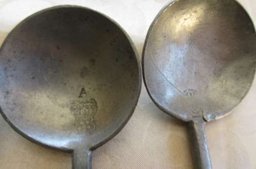 6 pewter spoons - 160 mm with different markings- as per scan - MARKINGS SHOWN