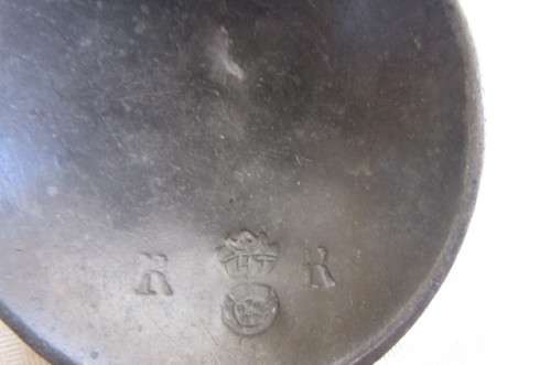 6 pewter spoons - 160 mm with different markings- as per scan - MARKINGS SHOWN
