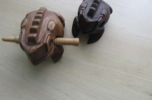 2 WOODEN NOISE MAKING FROGS ,SORRY ONE PIN ONLY - AS PER SCAN