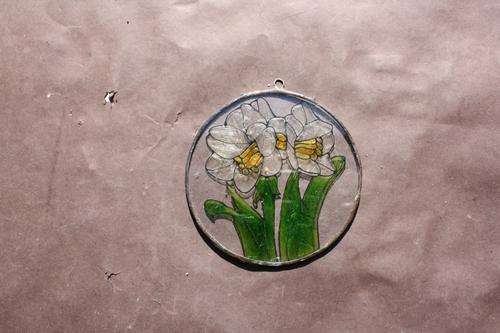 SMALL  GLASS PICTURE WITH METAL FRAME - 90 MM DIAM.